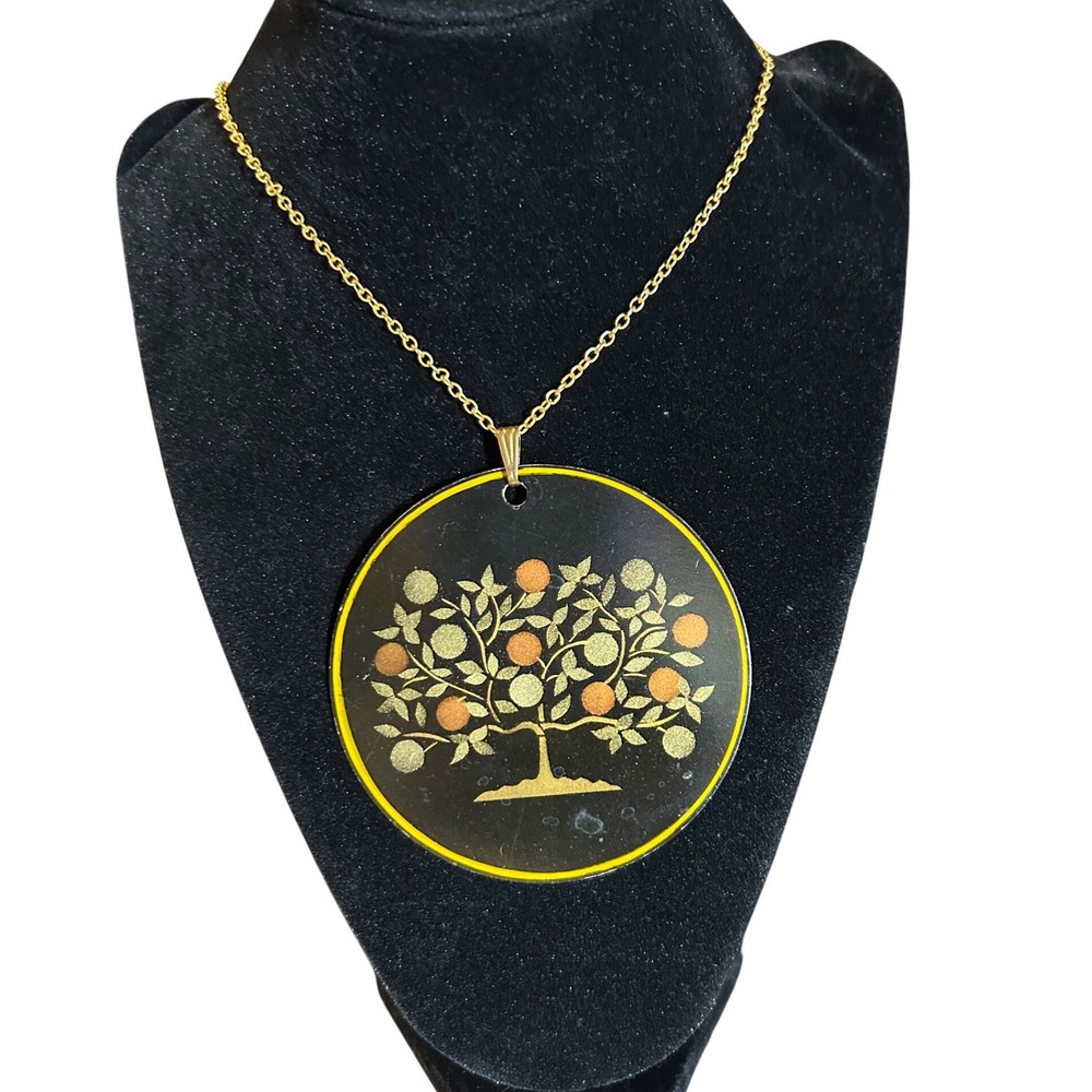 VTG 1979 Signed MWB Tree of Life Enamel Pendant Necklace – Large Modernist Piece